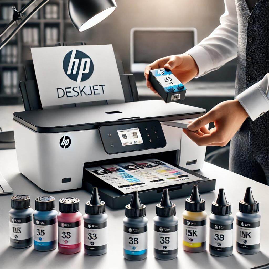 Tusze do drukarek HP DeskJet - grafika dekoracyjna, na tle tuszy drukarka HP